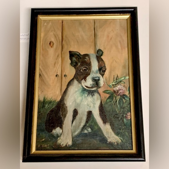 1931 Vintage Artist Signed Framed Oil Paint on Canvas Potrait of Boston Terrier - Picture 12 of 16